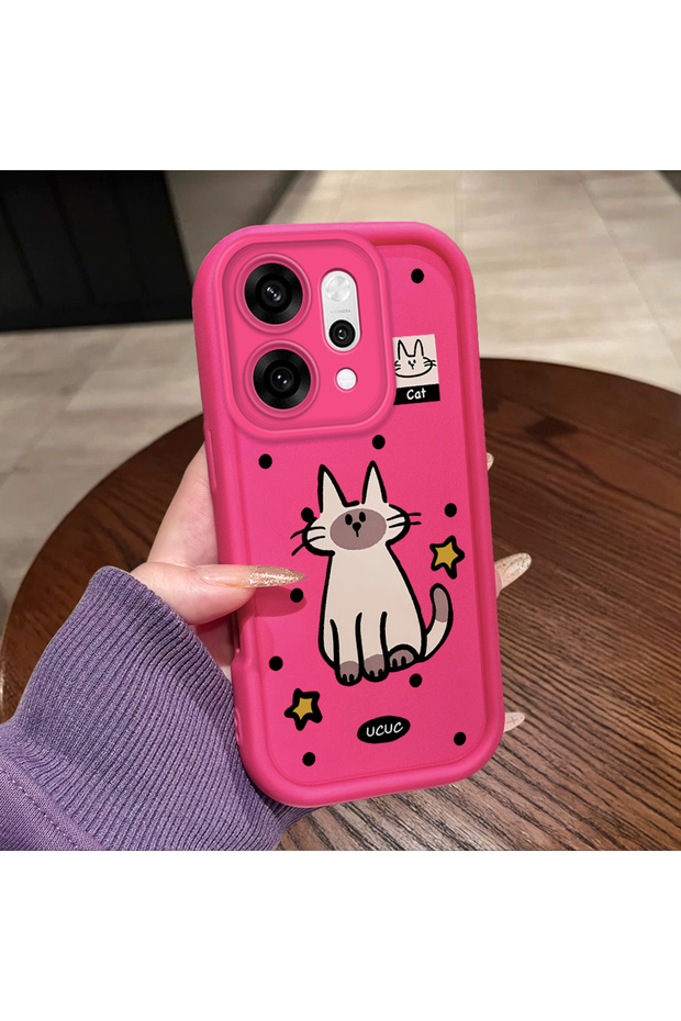 Oppo Reno 14 Pro Compatible Pink Red Silicone Dotted Cat Pattern Case Shockproof Camera Protection