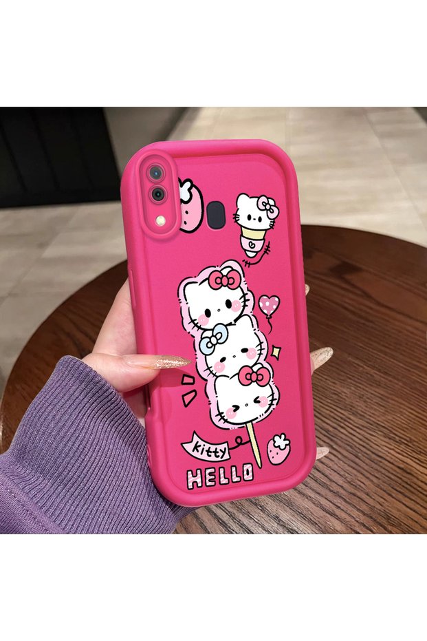 Samsung Galaxy A20/A30 Compatible Pink Red Silicone Strawberry Kitty Pattern Case Shockproof Camera Protection