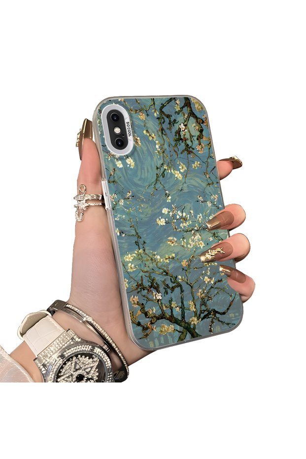 iPhone X/Xs Compatible Retro Oil Painting Apricot Blossom Pattern Case, Full Lens Protection