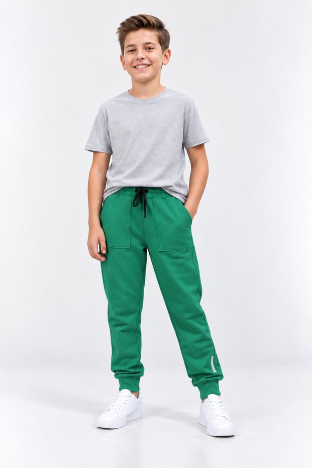 Boy's Green Jogger Sweatpants with Lace-Up Elastic Waist and Elastic Cuffs for Daily Wear