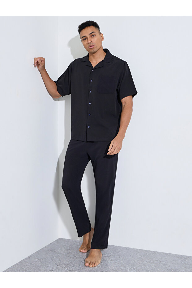 Charcoal Solid Pocket Detail Shirt and Straight Leg Pants Pyjama Set