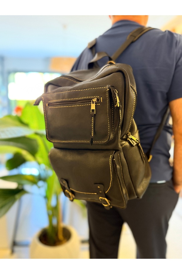 Tuvita Collection Handmade Real Leather Men's Backpack Multi-Pocket-Black