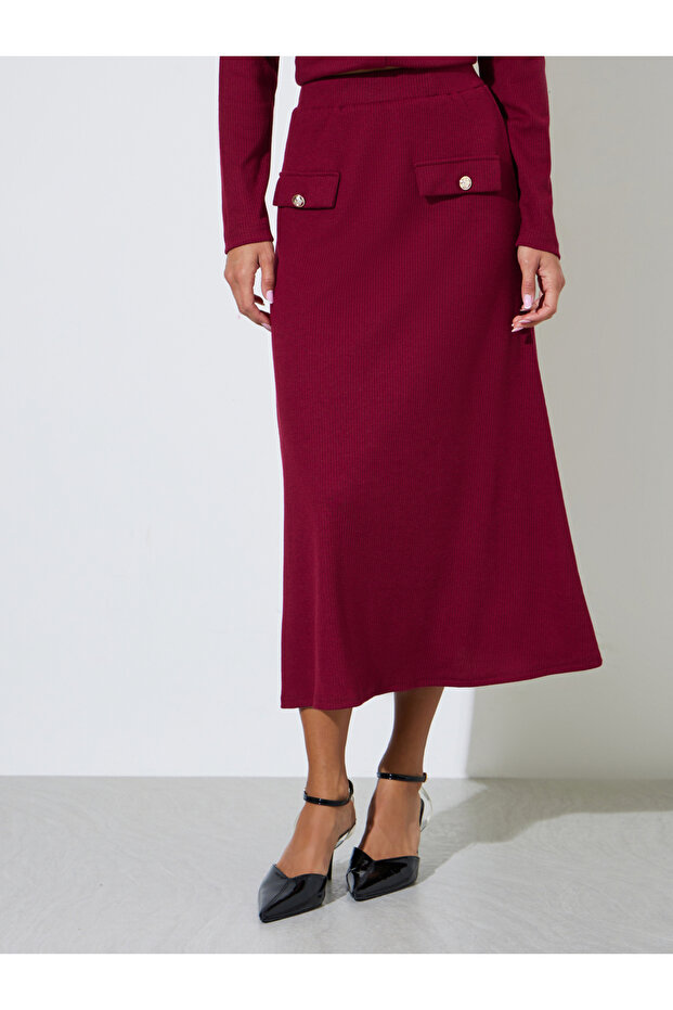Burgundy Ribbed A-Line Midi Skirt