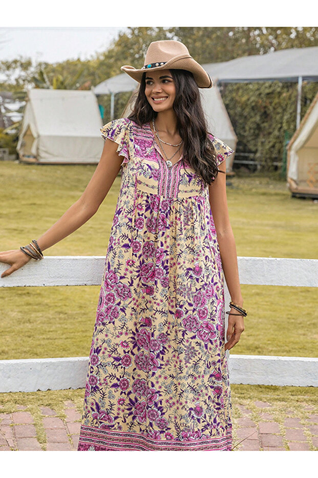 Floral A-Line Ankle Length Dress with Short Sleeves