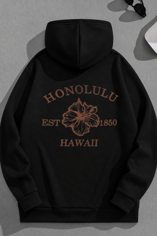 Unisex 3 Thread Cotton Black Honolulu Print Loose Fit Sweatshirt Hoodie