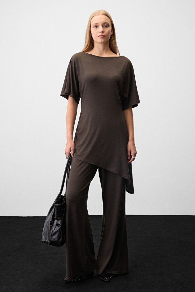 Argie Women's Asymmetrical Cut Top and Wide-Leg Pants Brown Top and Bottom Set