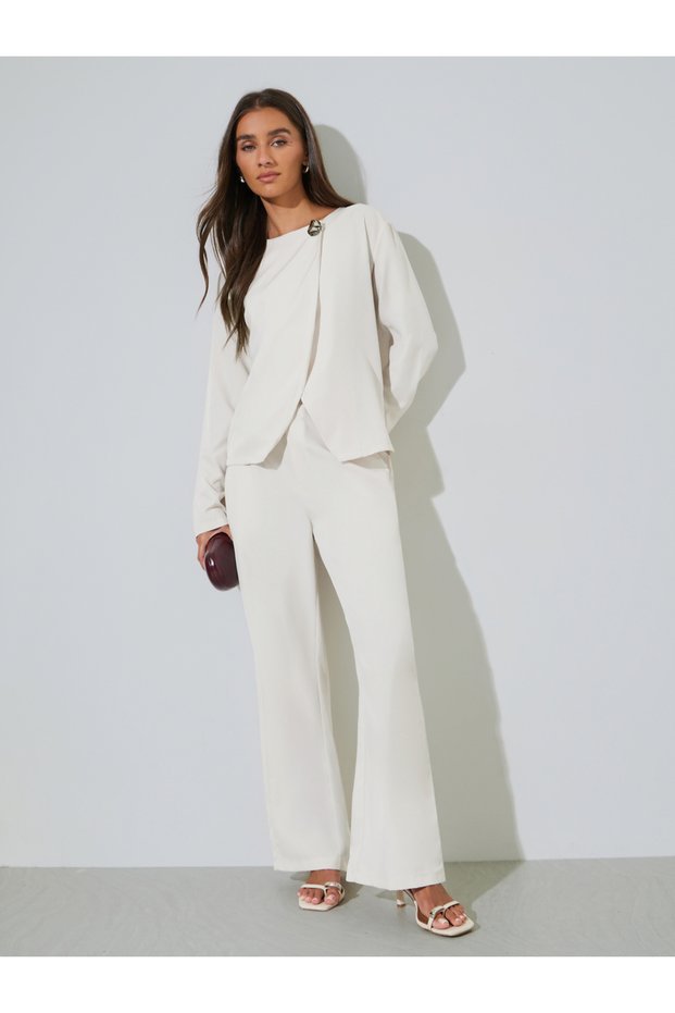 Beige Solid Asymmetric Top and Wide Leg Pants Co-Ord Set