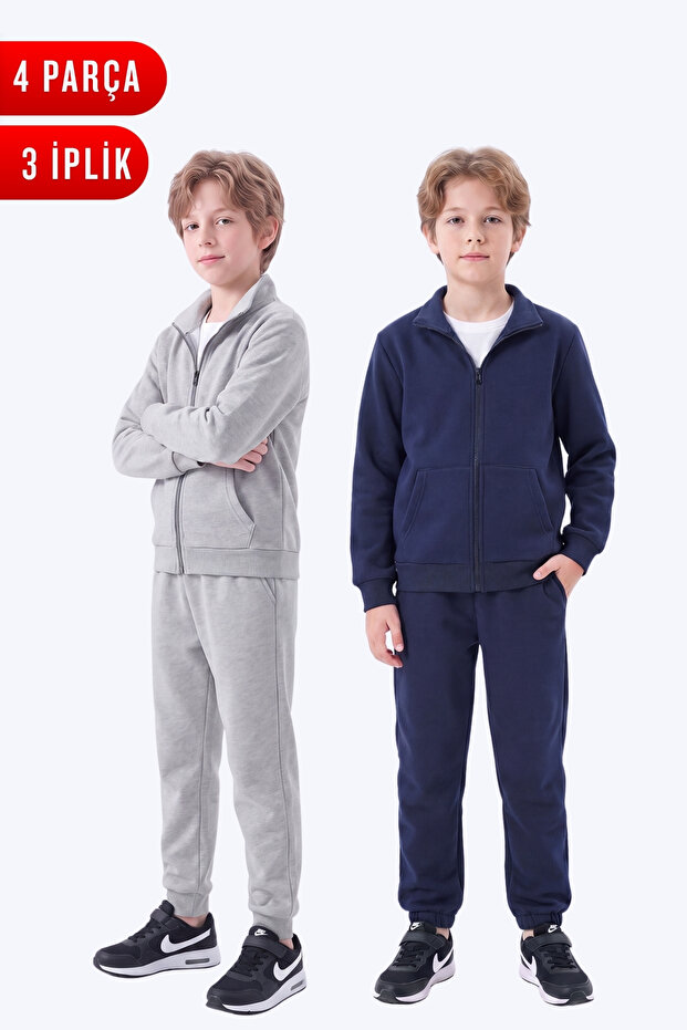 Boy's 3 Thread Plain Basic Zippered Stand Collar Double Pocket 2-Piece Tracksuit Set 4 Pieces