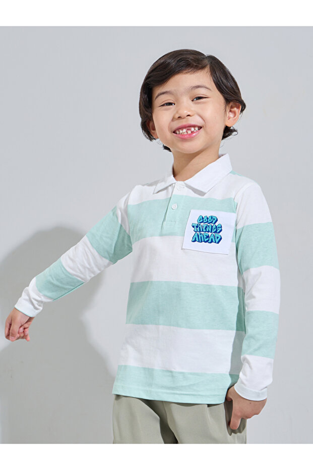 Boys Striped Long Sleeves Polo T-Shirt with Patchwork Detail