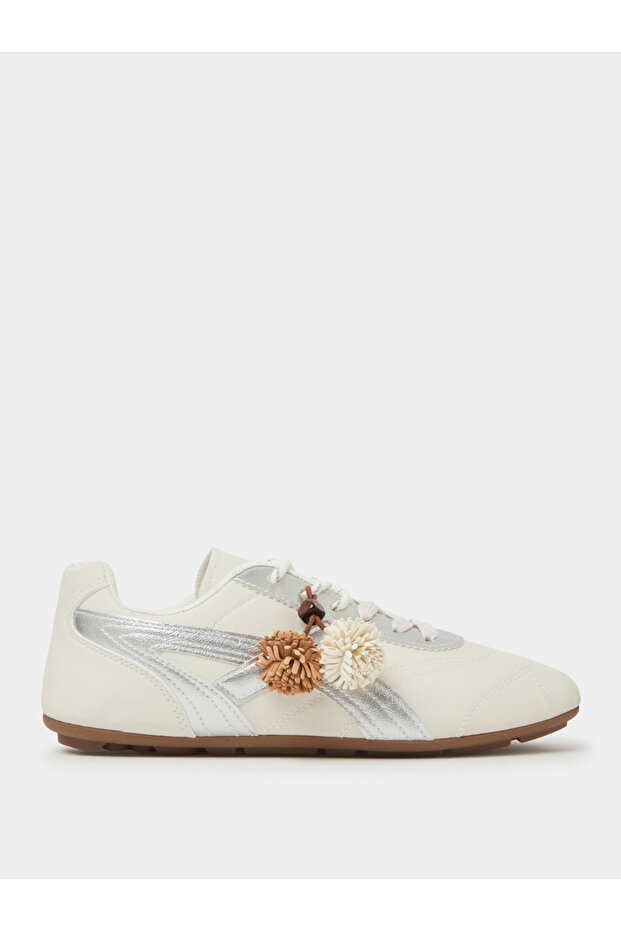 White Lace-Up Retro Sneakers with Pom-Pom Charm