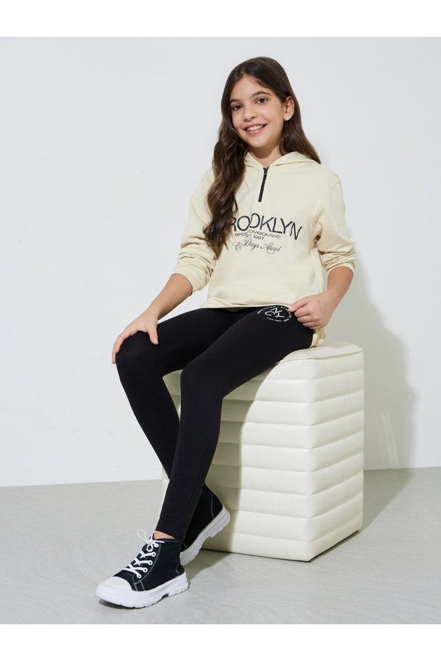Teen Girls Beige Graphic Print Hoodie and Black Leggings Set