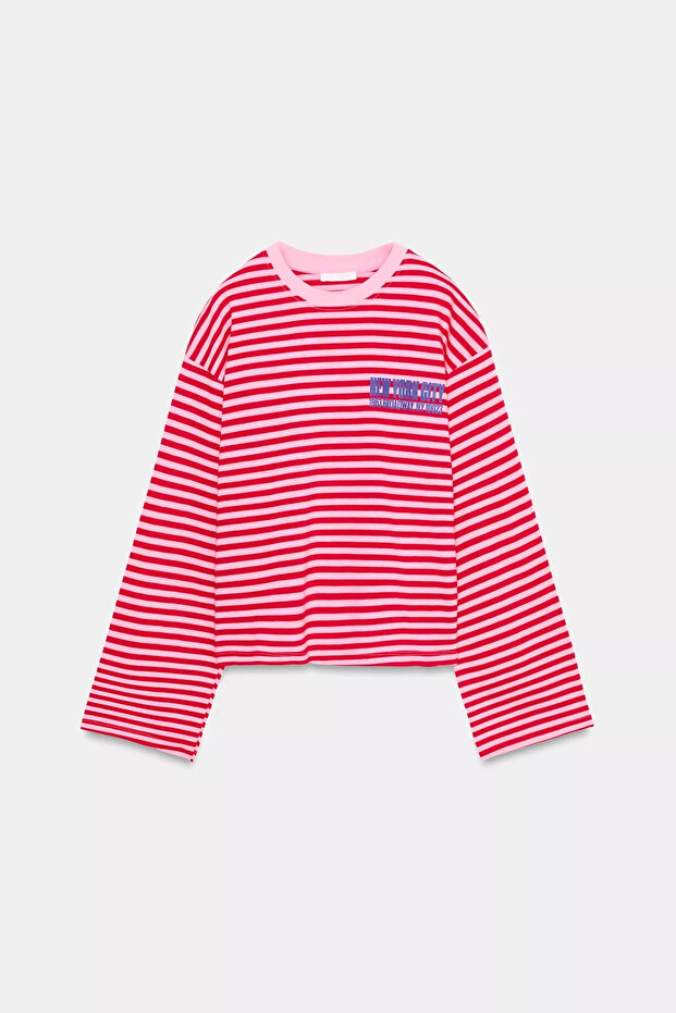 Women's Striped Slogan Long Sleeve Oversize T-Shirt 13501