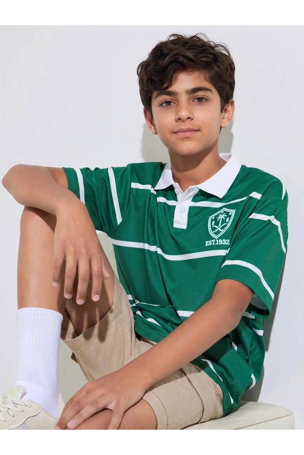 Teen Boys Green Striped Embroidered Short Sleeves Polo T-Shirt