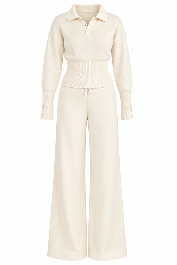Ecru Polo Collar Buttoned Double Suit - 70022