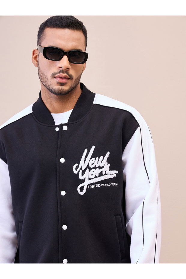 Varsity Jacket: Black and White Embroidered Button-Up