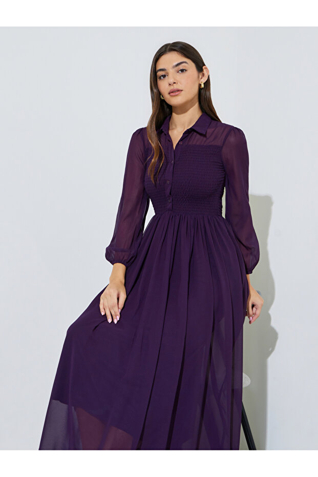 Purple Solid Ruched Detail Shirt Maxi Dress with Long Sleeves