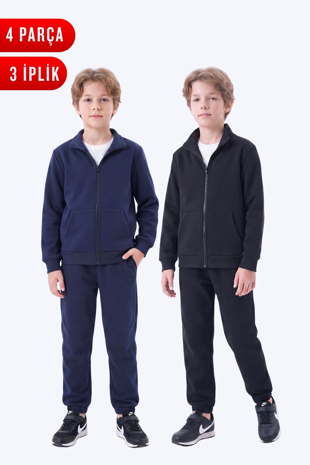 Boy's 3 Thread Plain Basic Zippered Stand Collar Double Pocket 2-Piece Tracksuit Set 4 Pieces