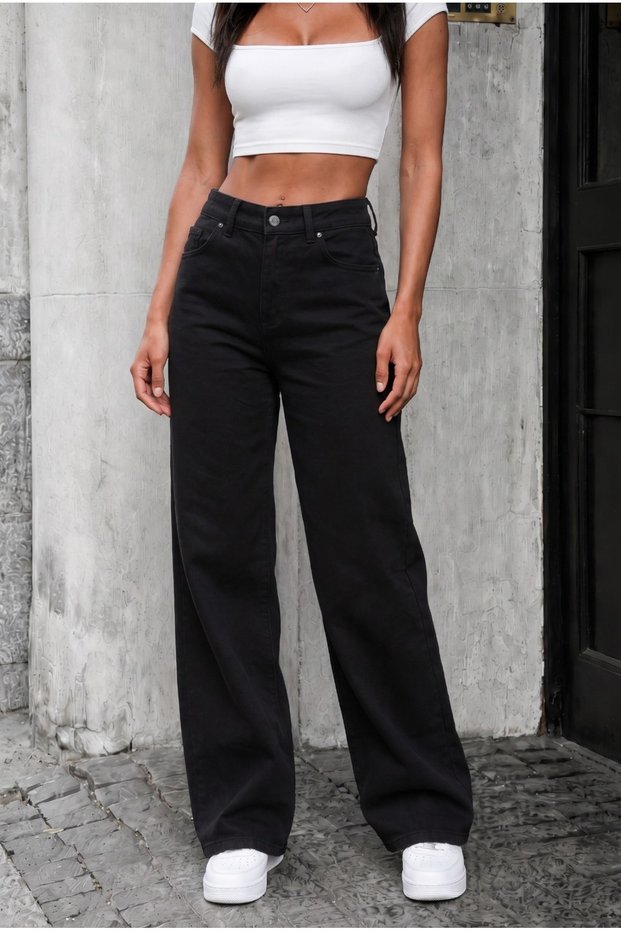 Steek Women's Black Casual High Waist Lycra Wide Leg Denim Jeans