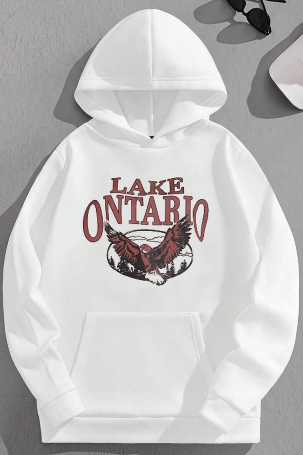 Unisex 3 Thread Cotton White Lakeontario Print Loose Fit Sweatshirt Hoodie