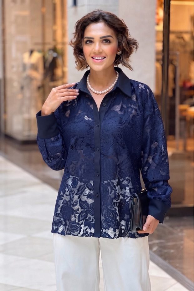 Navy Blue Laced Special Design Shirt - 100% Cotton
