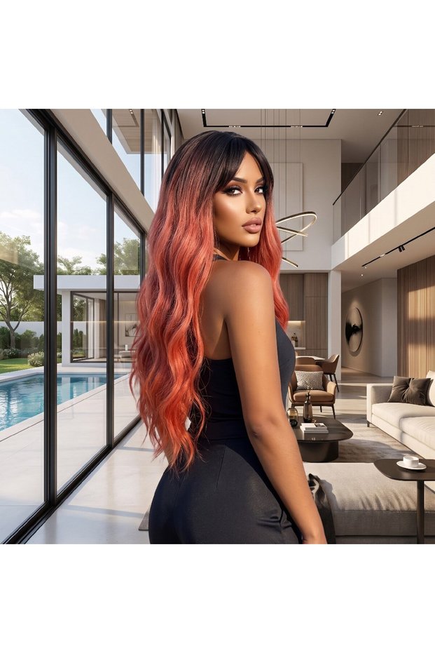 Long Fiber Synthetic Wig with Wavy Bangs - Black / Coral Red Ombre