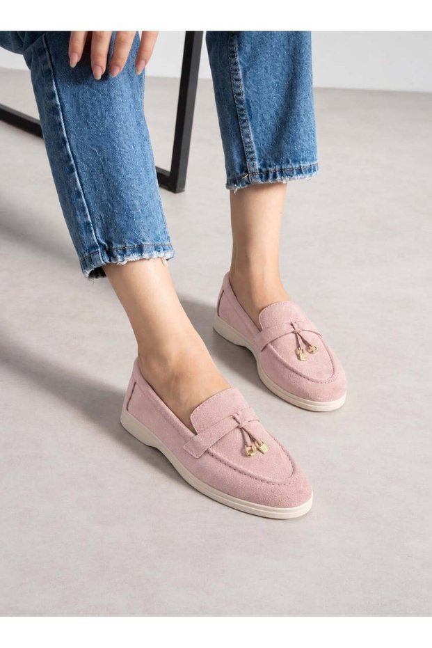 Lupy Women's Powder Suede Loafer Shoes with Gold Accessories Orthopedic Comfortable Sole Casual Ballerinas