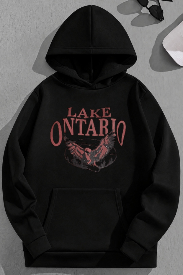 Unisex 3 Thread Cotton Black Lakeontario Print Loose Fit Sweatshirt Hoodie