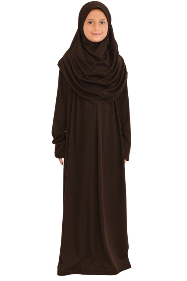 Two Piece Kids Prayer Dress Set with Scarf, Islamic Clothing Set for Girls Brown