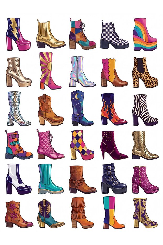 30 Pieces 70S Platform Boot Sticker Set - for Laptop, Agenda, and Phone