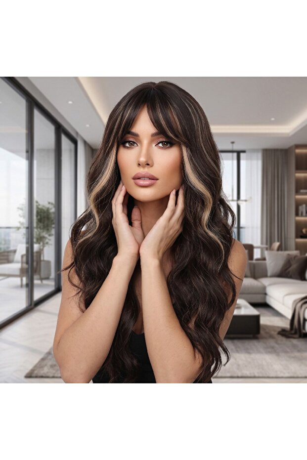 Wavy long bangs fiber synthetic wig - caramel shimmer dark chocolate brown