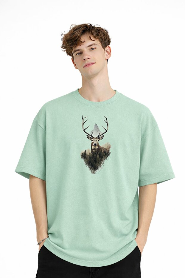 Deer Printed - Premium Fabric Oversize Men's T-Shirt Water Green