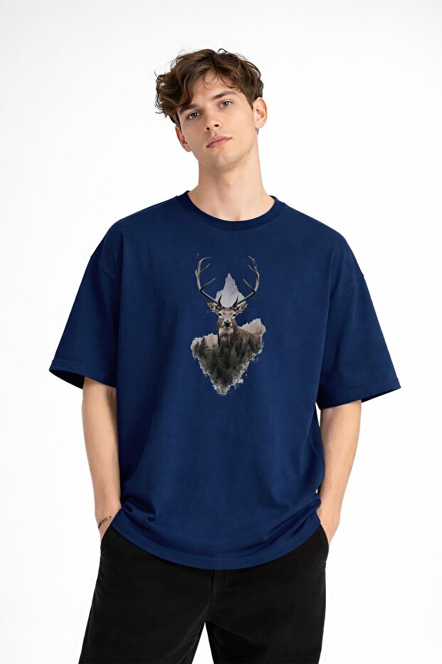 Deer Printed - Premium Fabric Oversize Men's T-Shirt Navy Blue