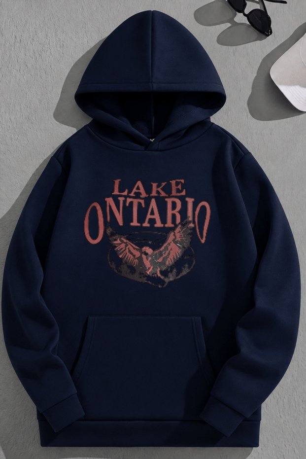 Unisex 3 Thread Cotton Navy Blue Lakeontario Print Loose Fit Sweatshirt Hoodie