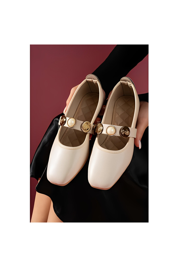 Women's Cream Mary Jane Ballerinas with Pearls and Seal Accessories