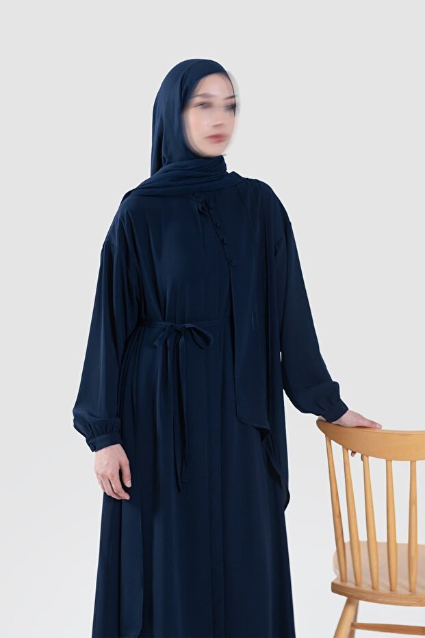 Ribbed Detailed Asymmetrical Robe Navy Blue