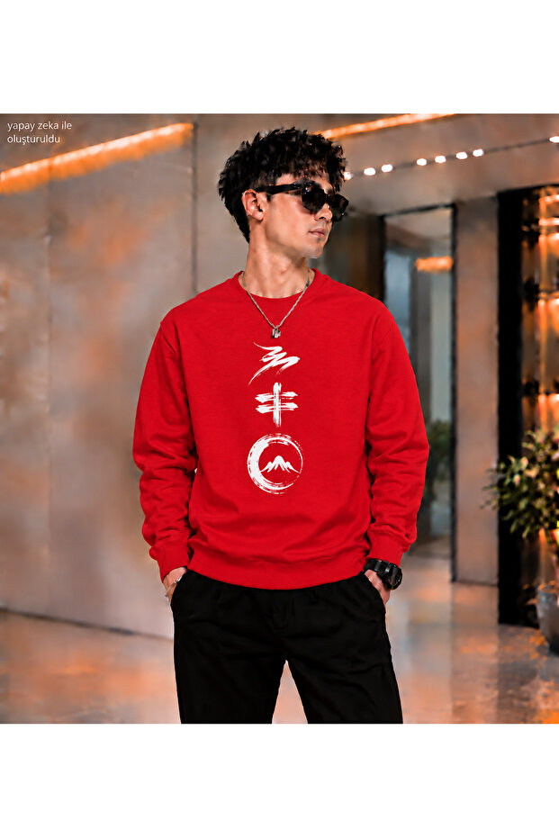 Men's Far East Calligraphy and Mountain Motif Printed Crew Neck Casual Regular Fit Sweatshirt