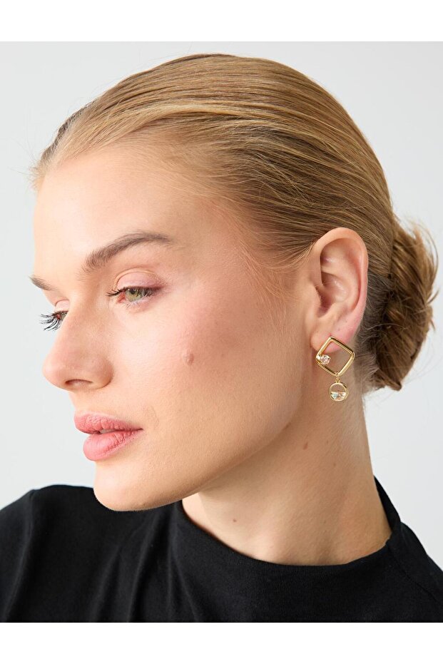 Gold Color Swinging Stone Detailed Geometric Square Earrings