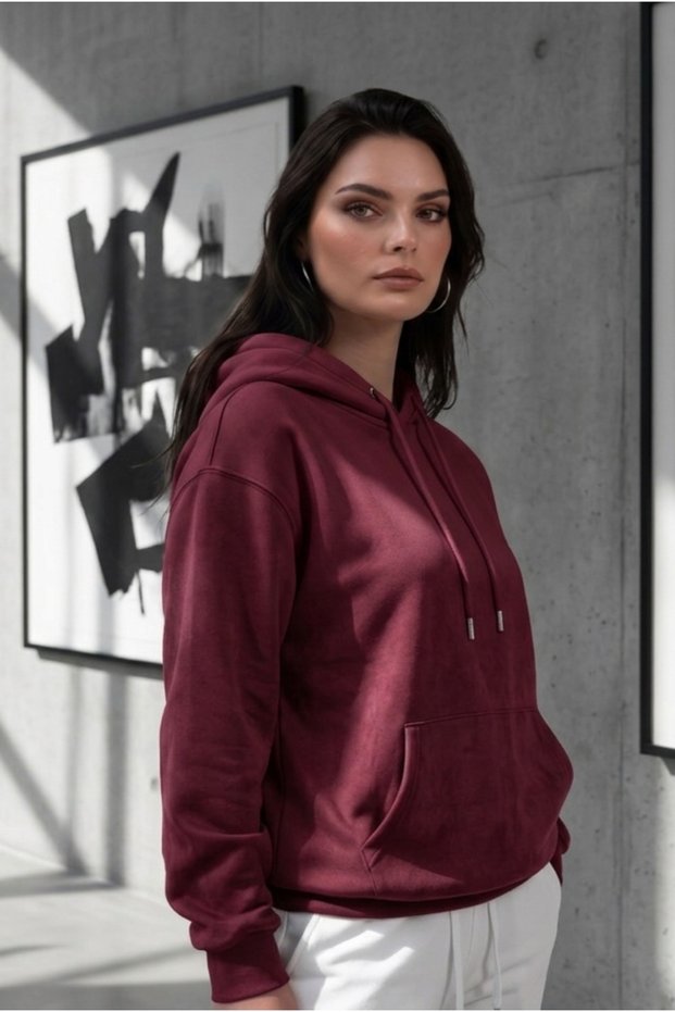 Women's Burgundy Combed Cotton Oversize Hooded Sweatshirt