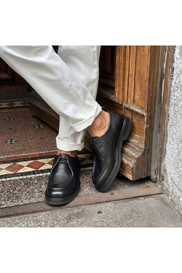 Black floater leather men's casual shoes