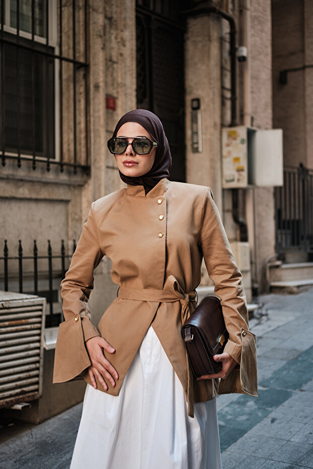 Women's Hakim Collar Gold Button Detail Asymmetrical Jacket Camel