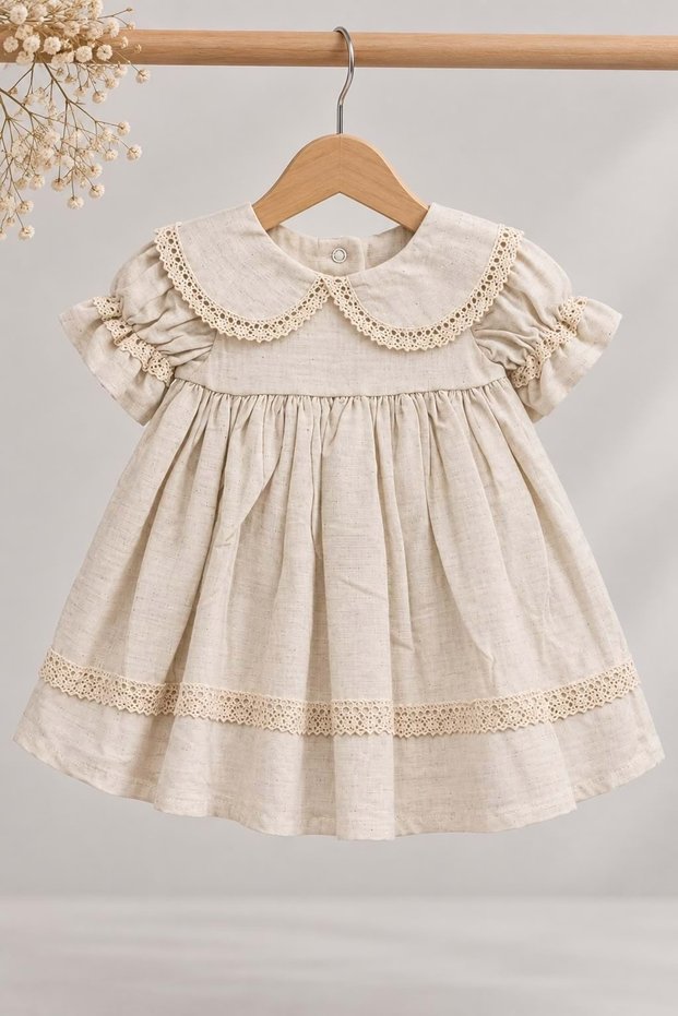 Baby Girl 100% Cotton Baby Collar Short Sleeve Muslin Dress M00864 Ecru