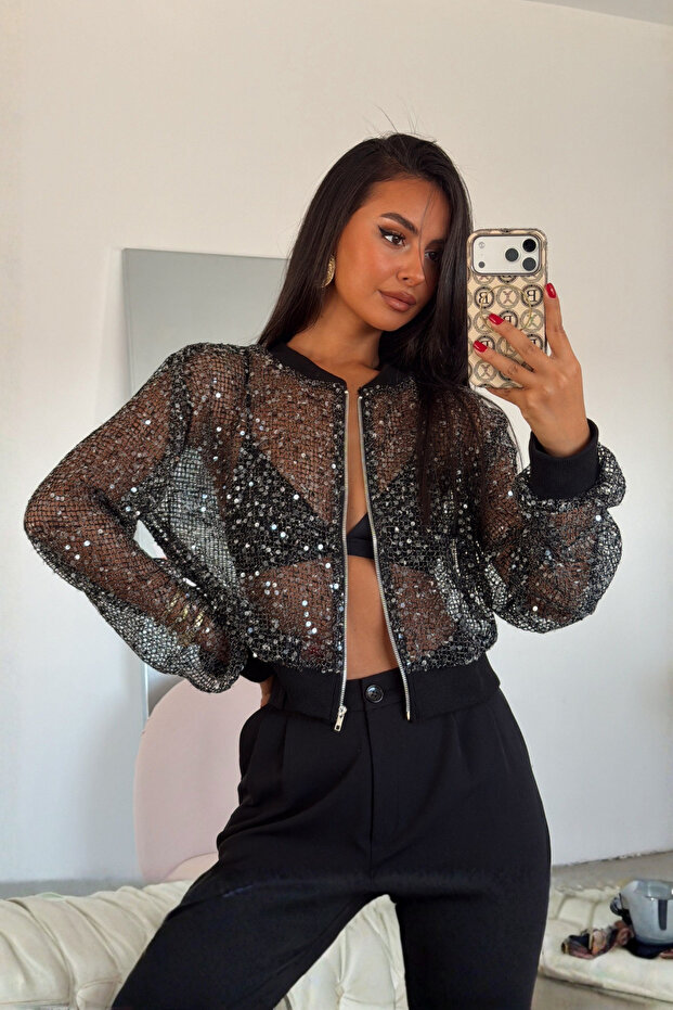 Women's Zippered Sequined College Jacket - Black
