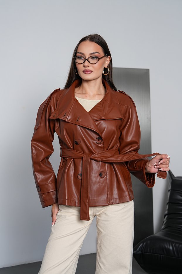 Women's Tan Belted Double-Breasted Stand-Up Collar Lined Faux Leather Short Trench Coat Jacket