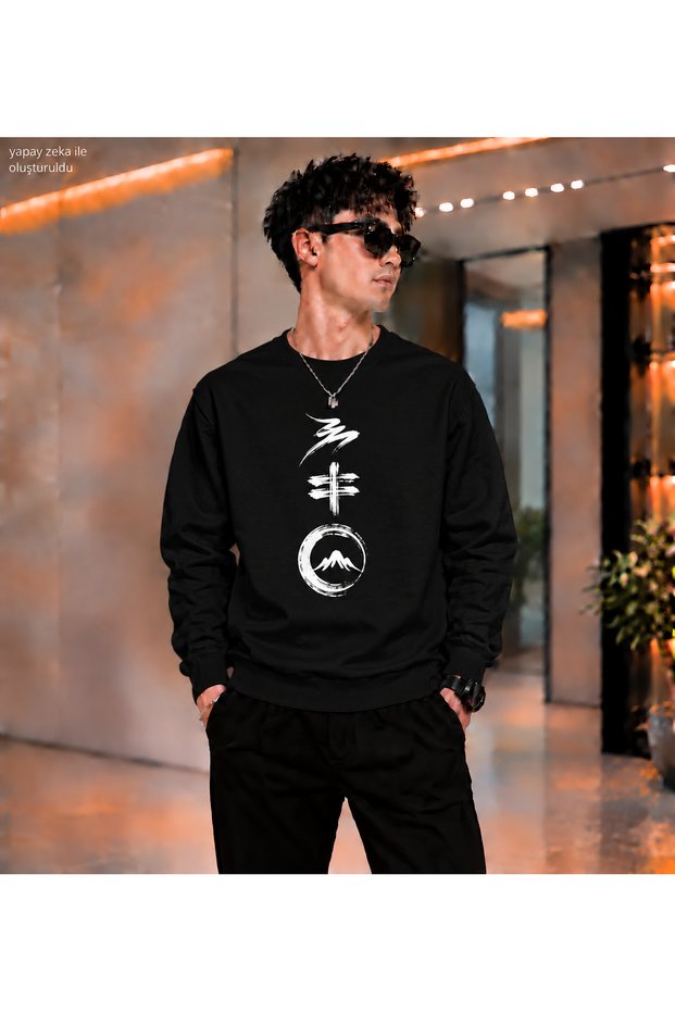 Men's Far East Calligraphy and Mountain Motif Printed Crew Neck Casual Regular Fit Sweatshirt