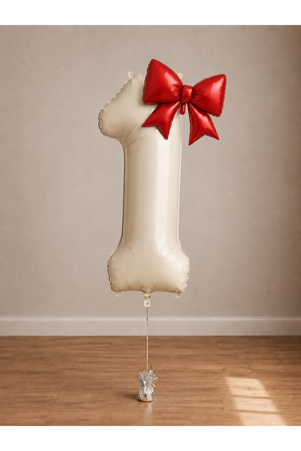 -1- Age Beige Number Red Bow Foil Balloon Set