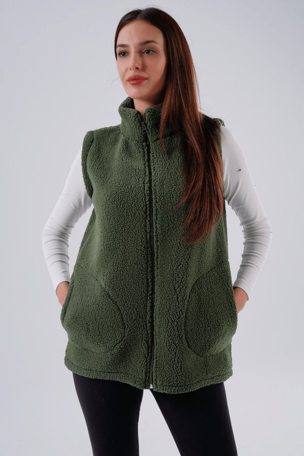Khaki Lamb Wool Collared Vest