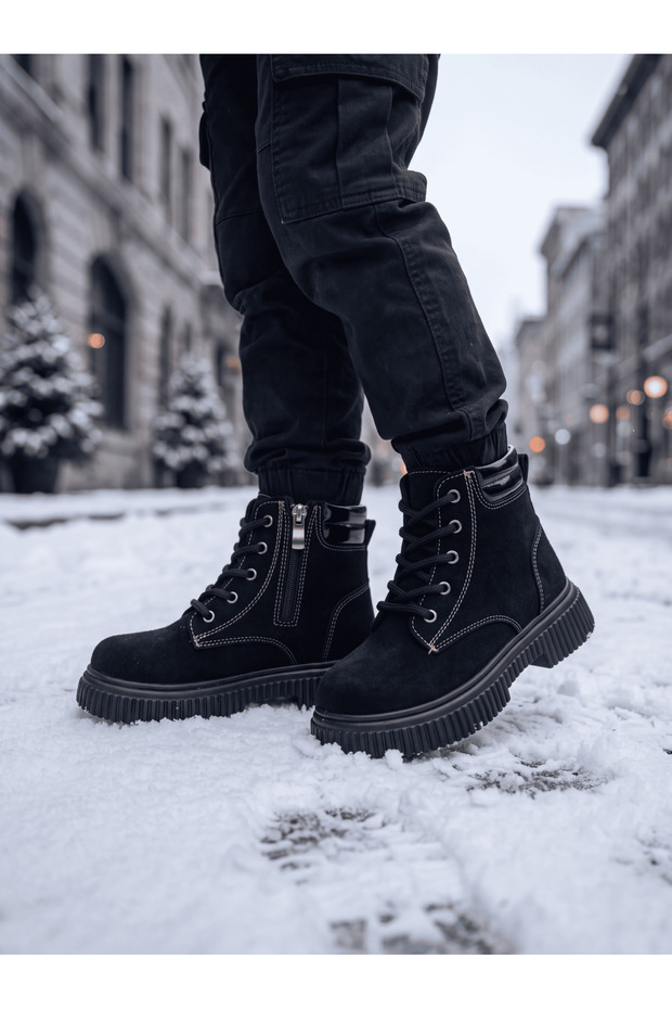 Children's Unisex Black Suede Comfortable Fit Thermo Sole Lace-Up Boots