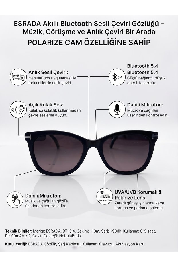 Smart Bluetooth Glasses Uv400 Polarized Sunglasses with Microphone and Voice Translation Feature Es254