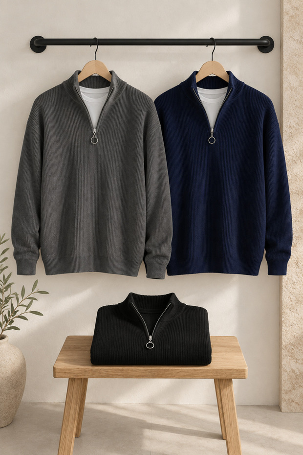 Men's 3-Piece Casual Half-Zip Regular Fit Knit Sweater