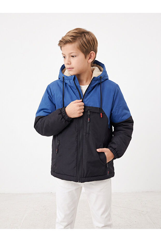 Children's Block Color Water and Wind Proof Fur Lined Coat Jacket